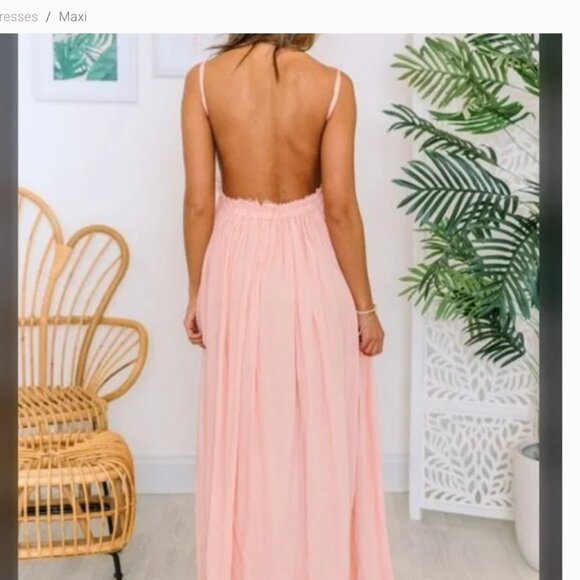 Pink Lily "Once in a Lifetime" Backless Crochet Top Maxi Dress Pink Stretch S - Picture 11 of 11